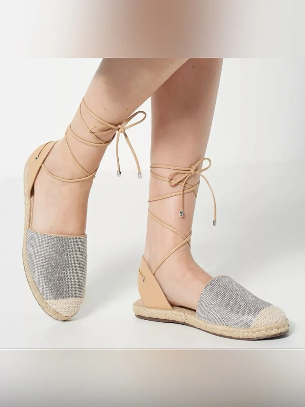 SCHUTZ Two-Tone Espadrille Glitter Flats in Gray and Tan 8.5